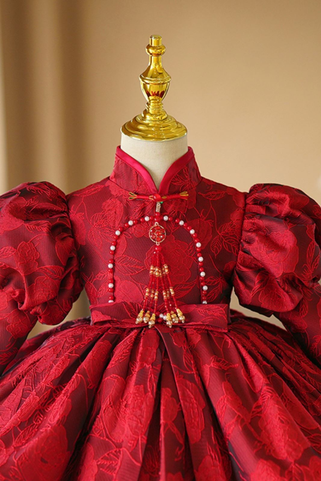 Prinzessin Runden Wadenlang Satin Blumenmädchenkleider Burgundrot