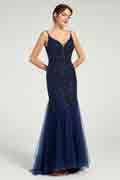 Beaded Spaghetti Strap Tulle Trumpet Gown with Sweep Train