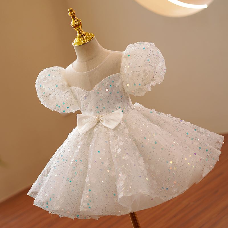 Prinzessin Wadenlang Pailletten Blumenmädchenkleider Weiß