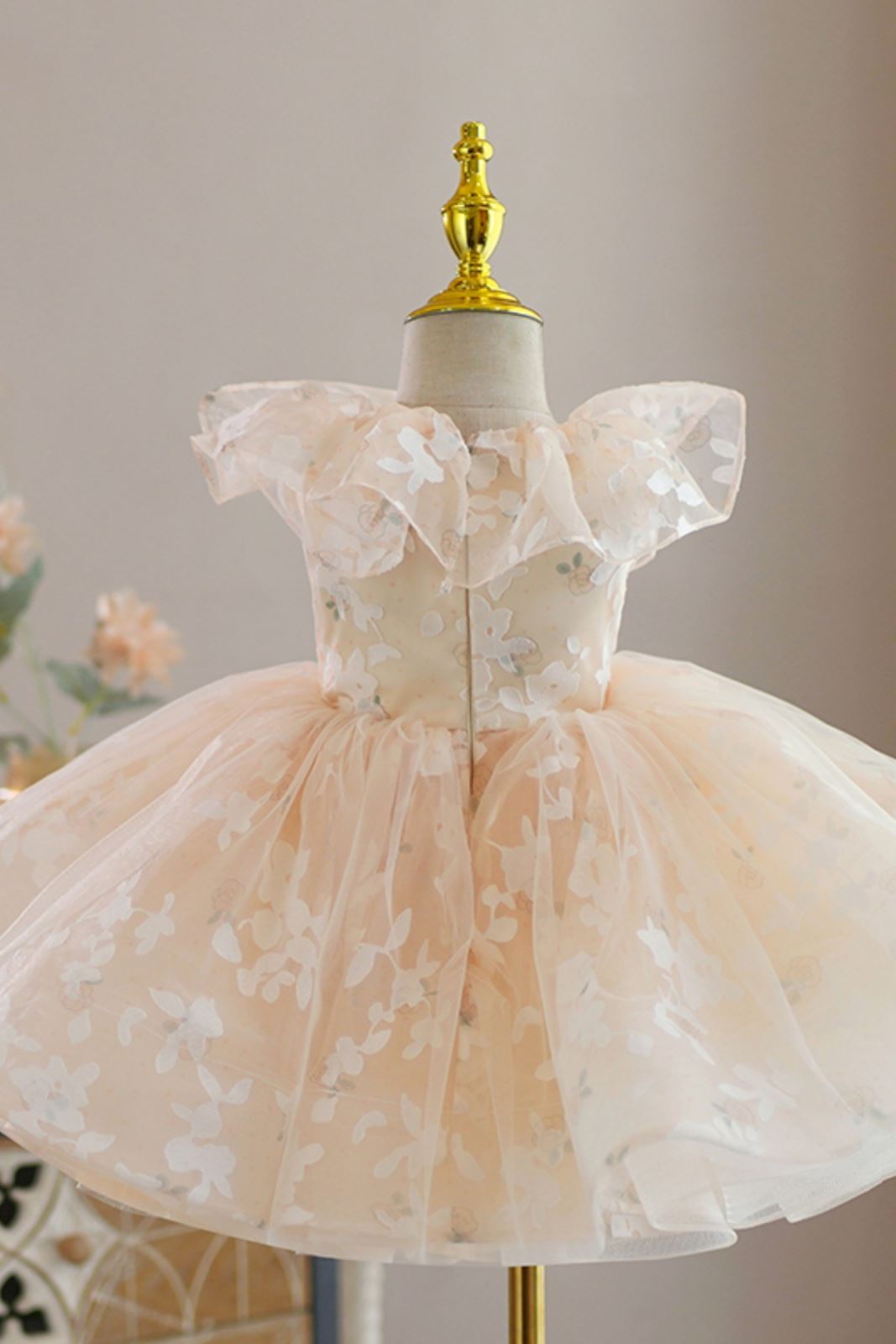 Prinzessin Runden Wadenlang Organza Blumenmädchenkleider in Champagner