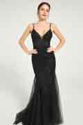 Schwarzes V-Ausschnitt Meerjungfrau Tüll Maxikleid mit Pailletten