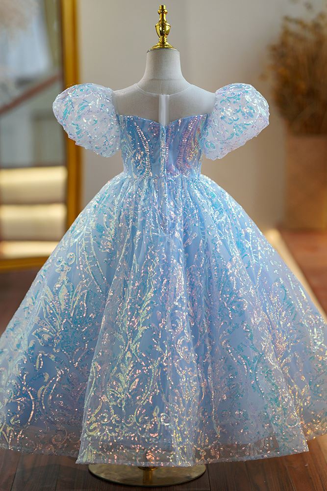 Prinzessin Runden Bodenlang Pailletten Blumenmädchenkleider in Blau