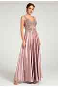 V-Neck Beaded Floral Bustier Lace-Up Satin Maxi Formal Dress