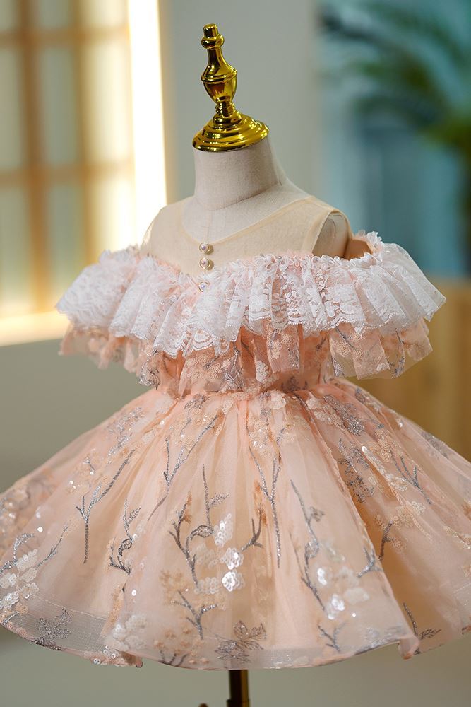 Prinzessin Scoop Tüll Blumenmädchenkleider in Champagner