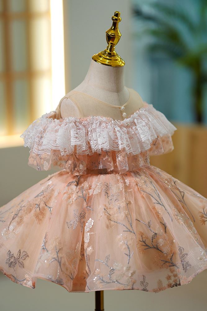 Prinzessin Scoop Tüll Blumenmädchenkleider in Champagner