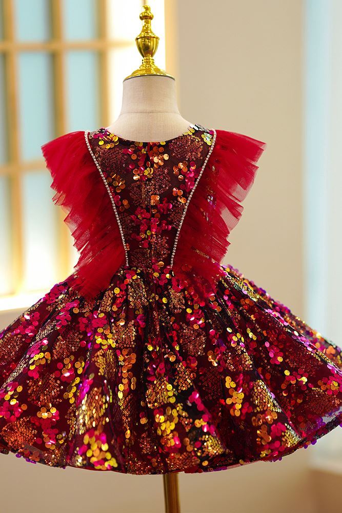 A-Linie Runden Wadenlang Pailletten Blumenmädchenkleider Rot