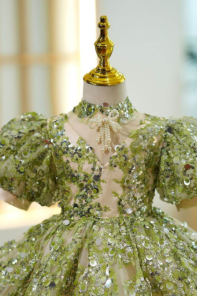 Prinzessin Stehkragen Wadenlang Pailletten Blumenmädchenkleider Grün