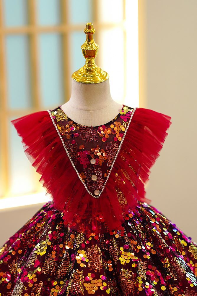 A-Linie Runden Wadenlang Pailletten Blumenmädchenkleider Rot