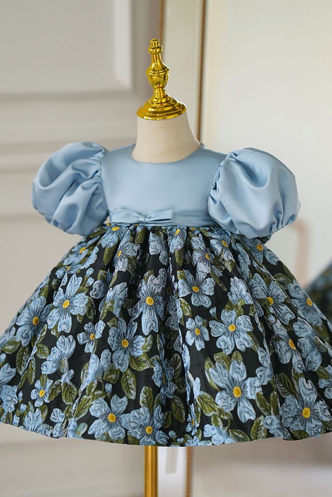 Prinzessin Runden Wadenlang Satin Blumenmädchenkleider in Blau