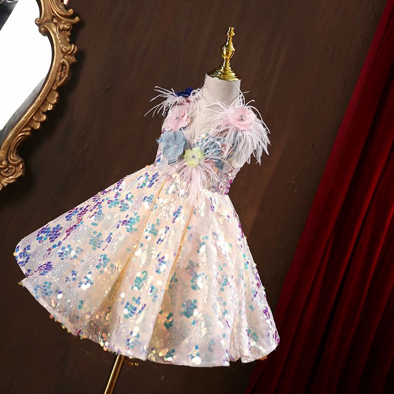 A-Linie Wadenlang Pailletten Blumenmädchenkleider in Champagner