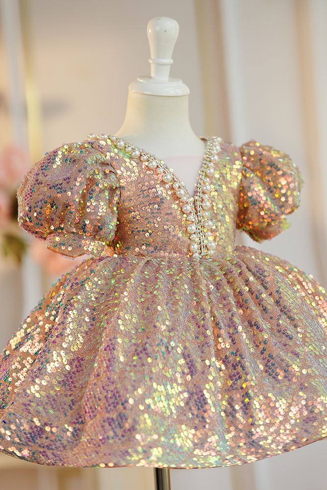 Prinzessin Wadenlang Pailletten Blumenmädchenkleider in Rosa