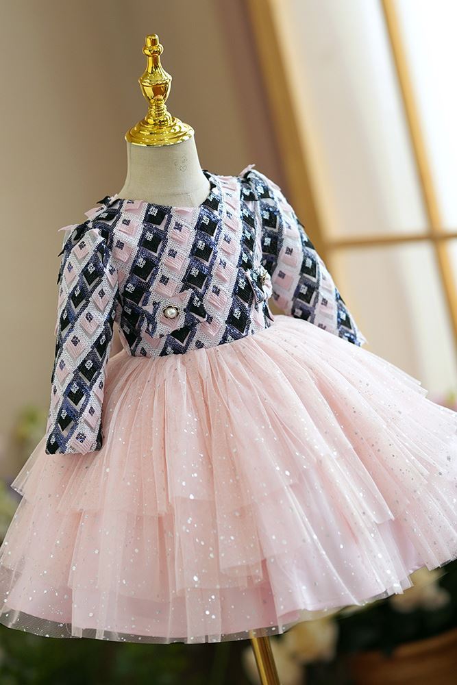 Prinzessin Runden Wadenlang Tüll Blumenmädchenkleider in Rosa