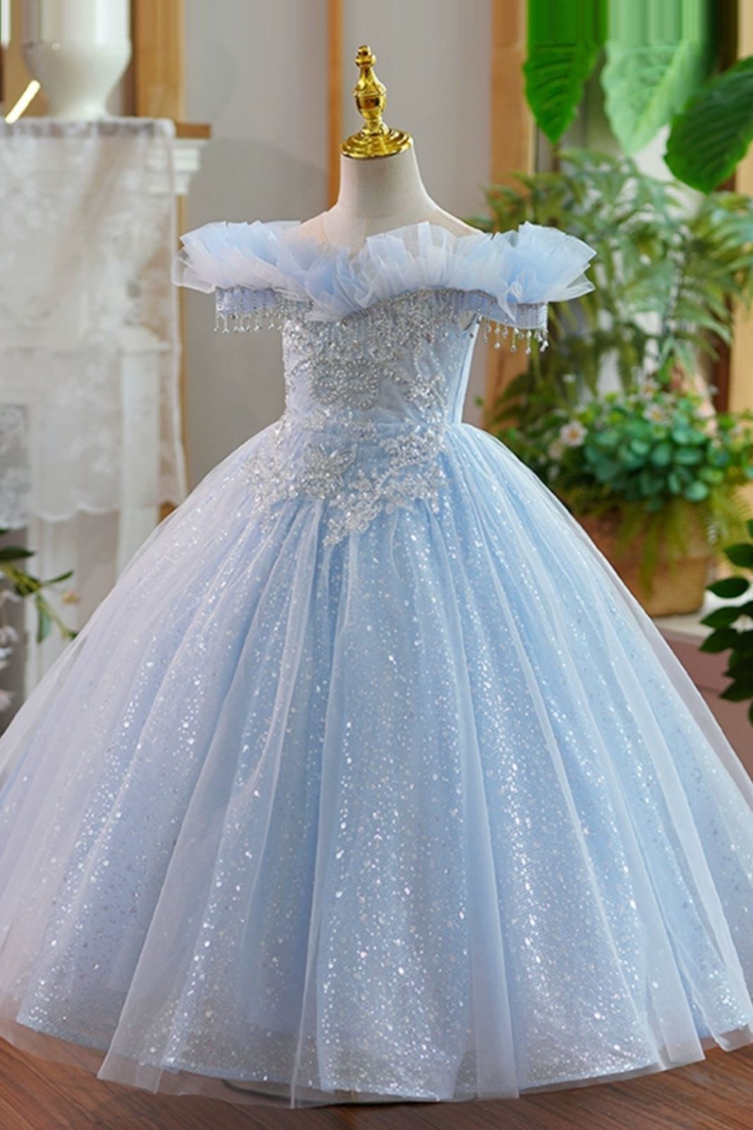 Принцесса Round Полная Длина Organza Детские Платья in Синий