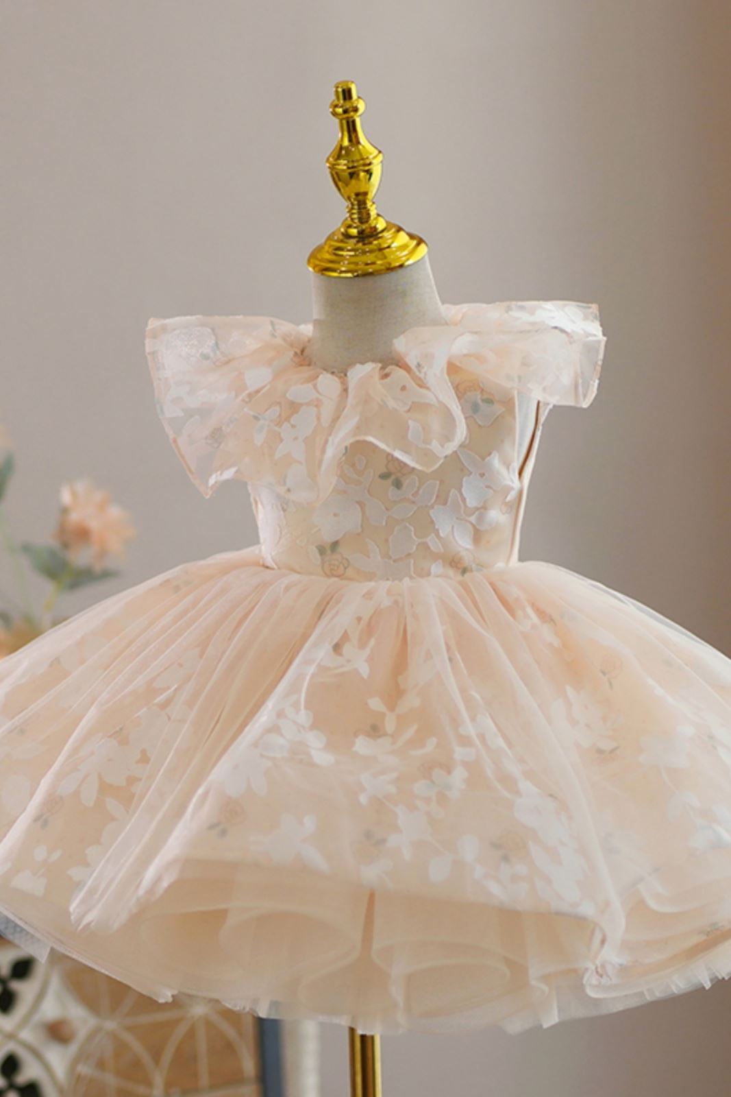 Prinzessin Runden Wadenlang Organza Blumenmädchenkleider in Champagner