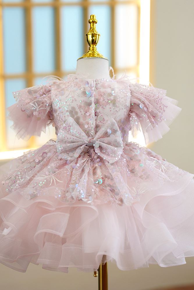 Prinzessin V Ausschnitt Wadenlang Pailletten Blumenmädchenkleider Rosa