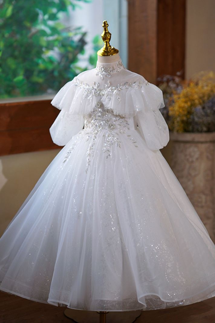 Prinzessin Stehkragen Bodenlang Tüll Blumenmädchenkleider in Weiß