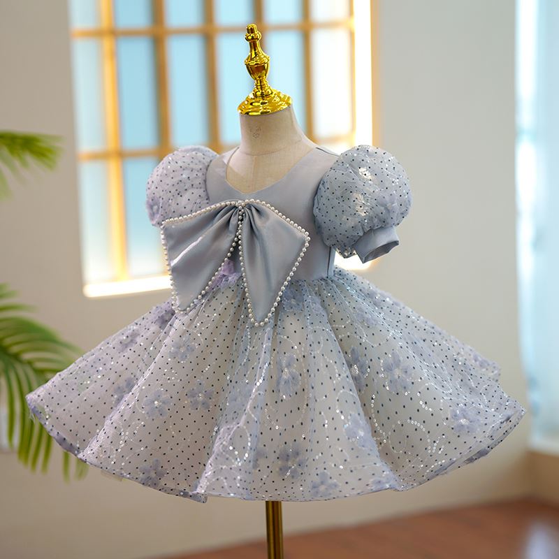 Prinzessin Scoop Wadenlang Satin Blumenmädchenkleider in Staubigblau