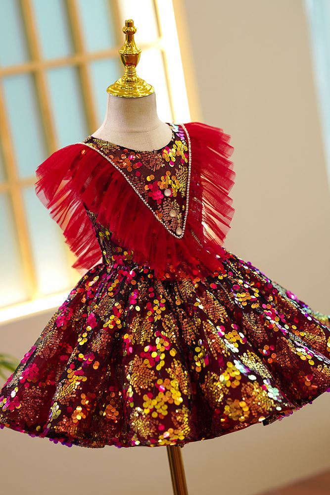 A-Linie Runden Wadenlang Pailletten Blumenmädchenkleider Rot