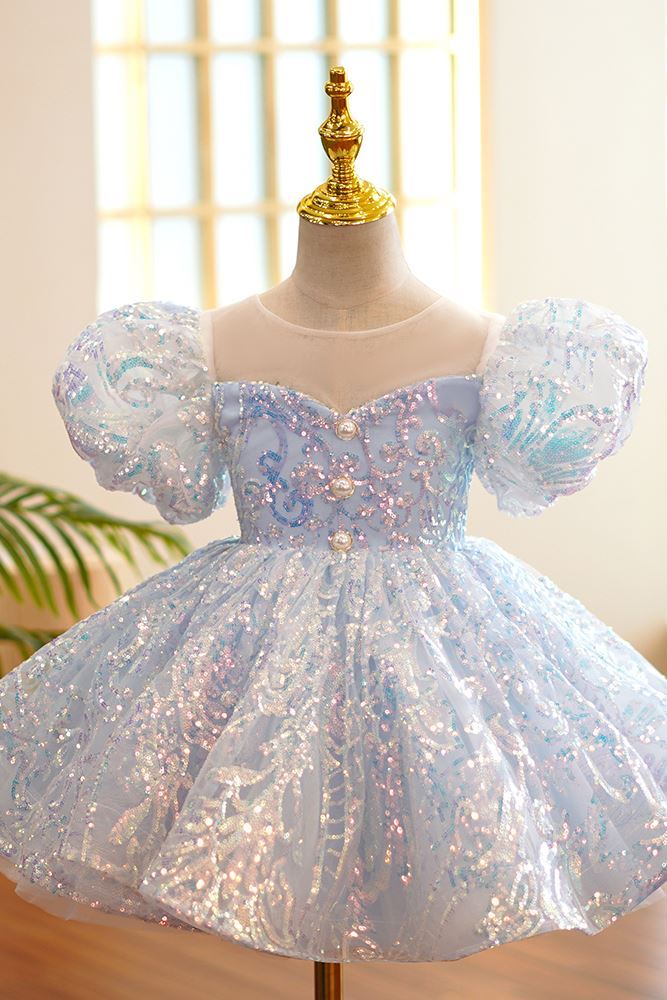 Prinzessin Wadenlang Pailletten Blumenmädchenkleider Staubigblau