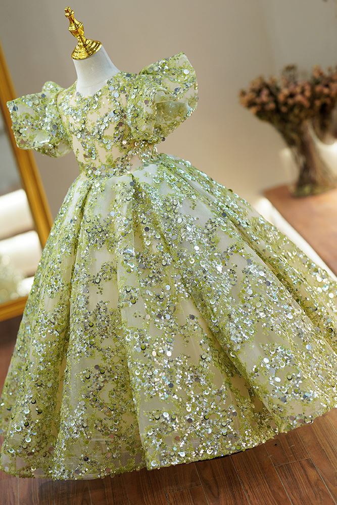Prinzessin Runden Bodenlang Pailletten Blumenmädchenkleider Salbeigrün