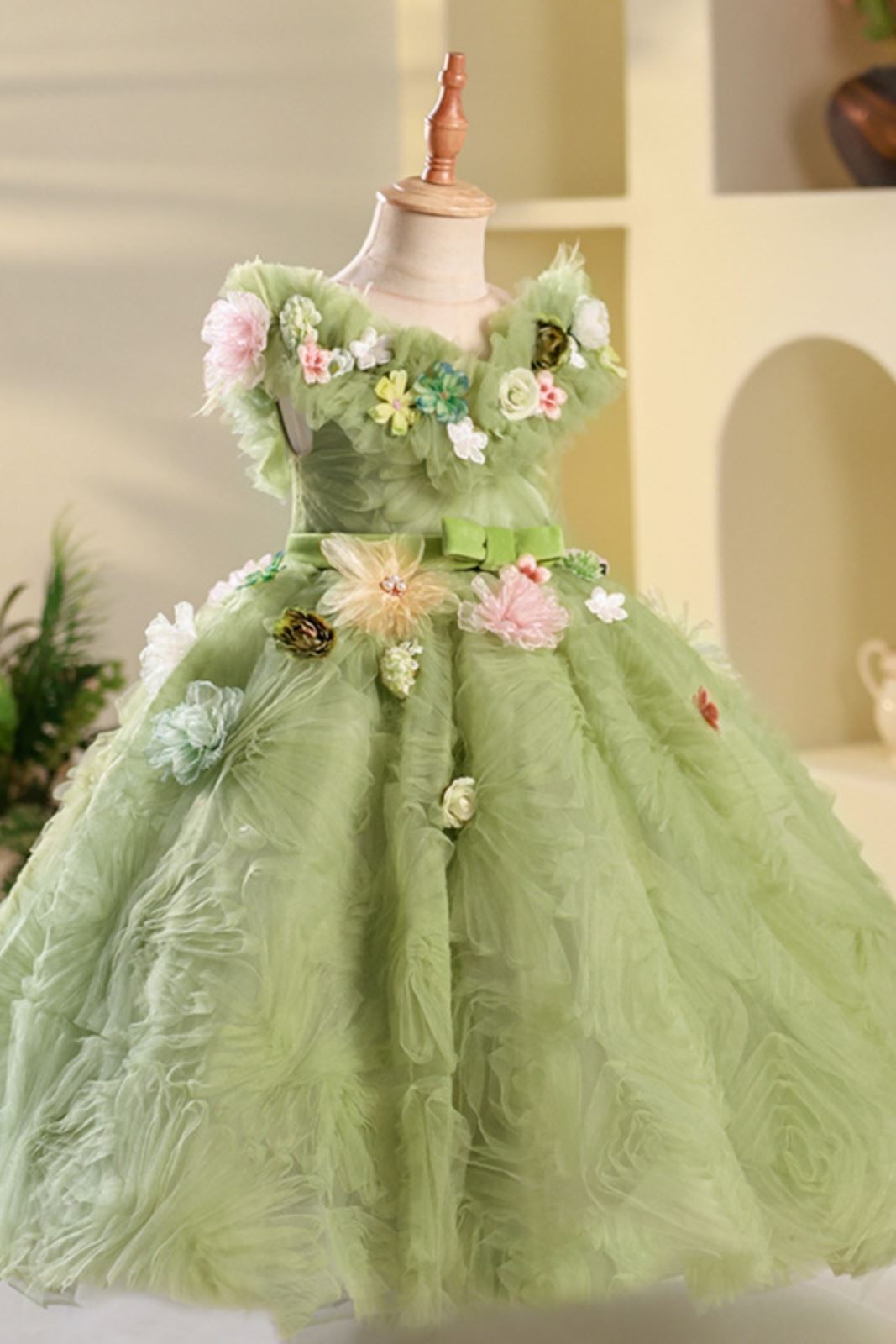 Prinzessin Runden Bodenlang Tüll Blumenmädchenkleider in Salbeigrün