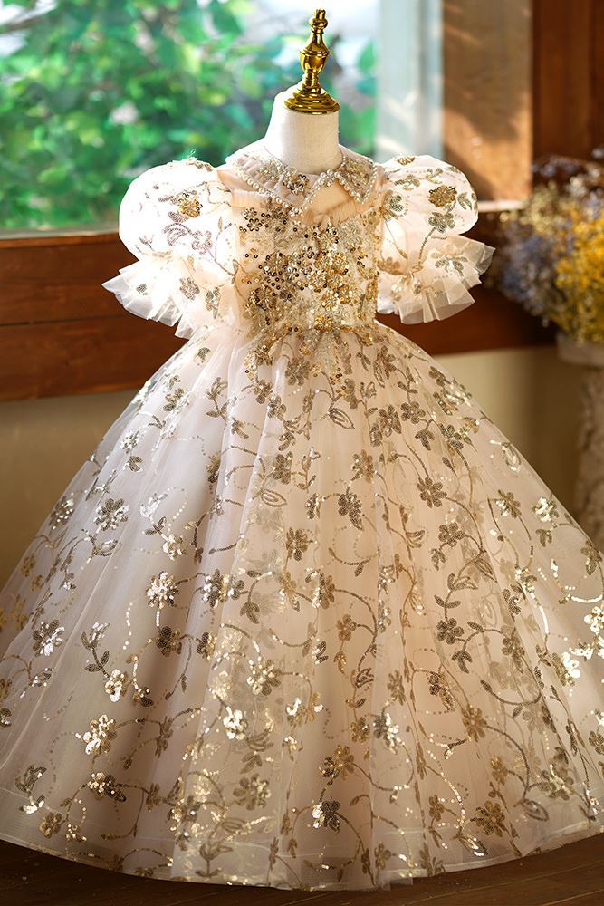 Принцесса Полная Длина Sequined Детские Платья in Шампанского цвета