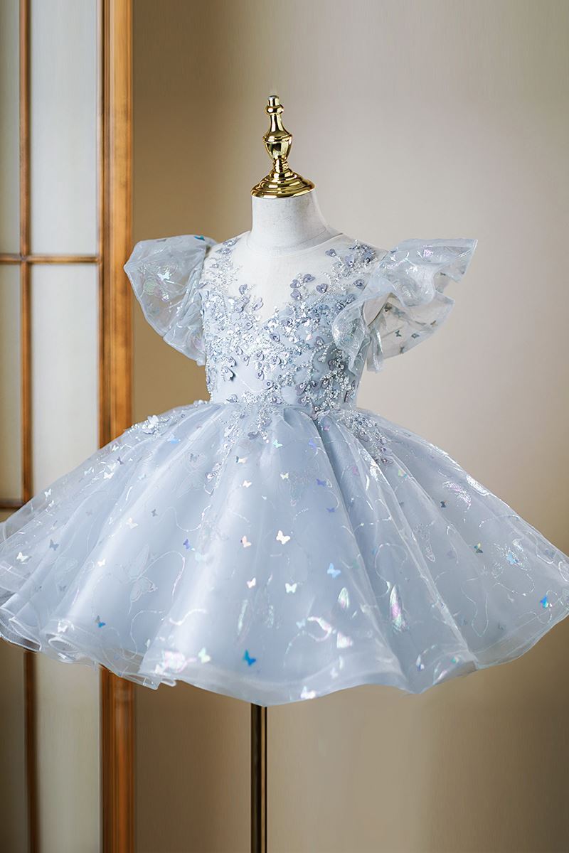 Prinzessin Wadenlang Pailletten Blumenmädchenkleider in Staubigblau