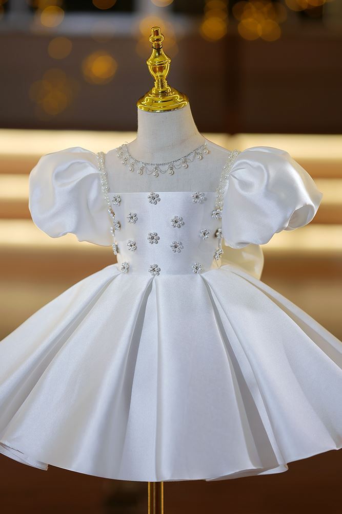 Prinzessin Quadratisch Wadenlang Satin Blumenmädchenkleider in Weiß