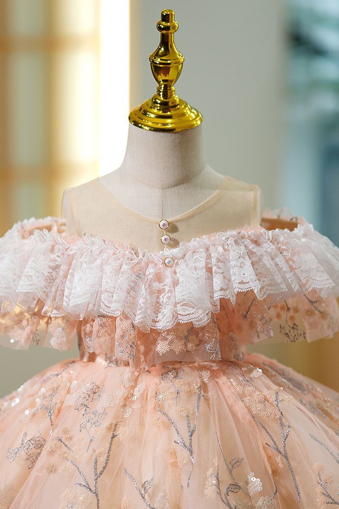 Prinzessin Scoop Tüll Blumenmädchenkleider in Champagner