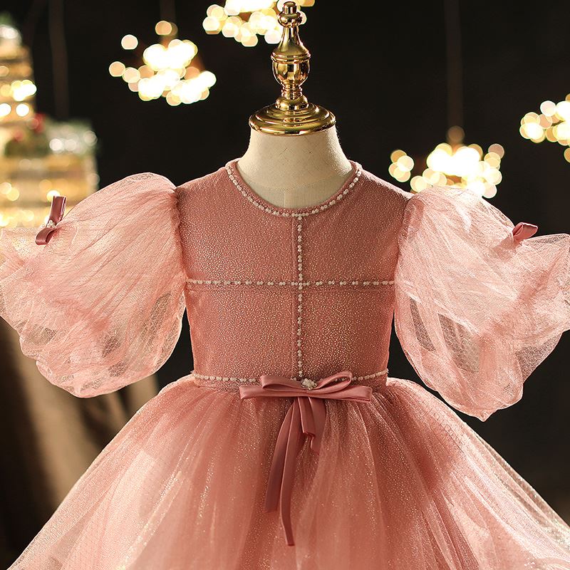 Prinzessin Runden Wadenlang Organza Blumenmädchenkleider Rosa