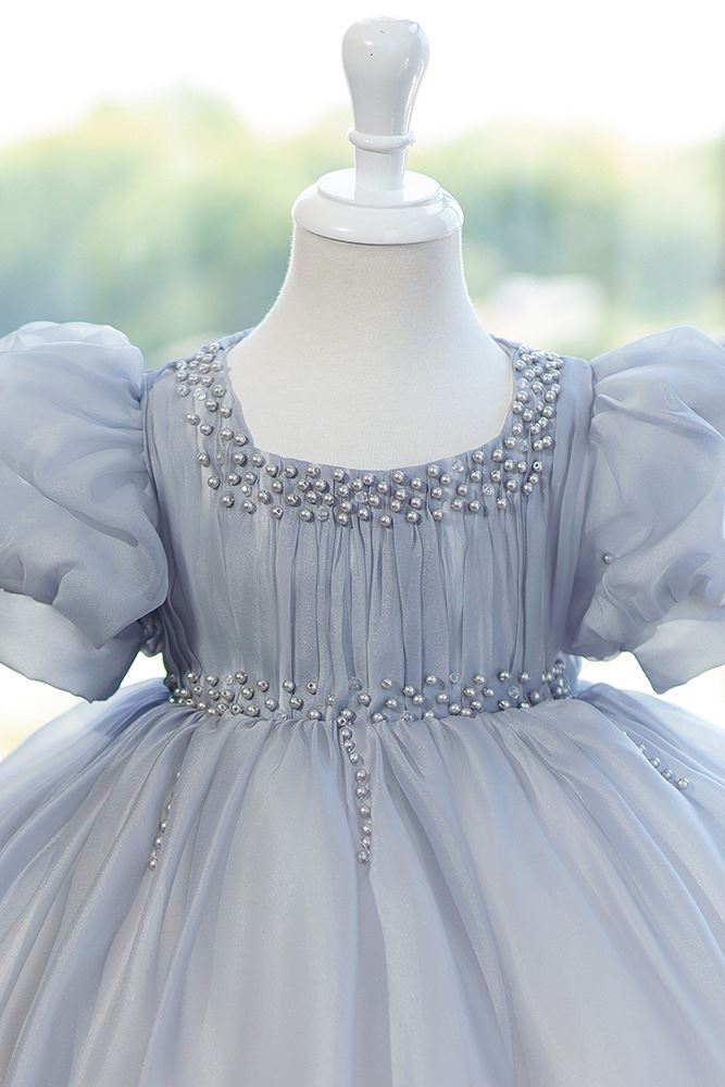 Prinzessin Juwelenhals Wadenlang Organza Blumenmädchenkleider in Grau