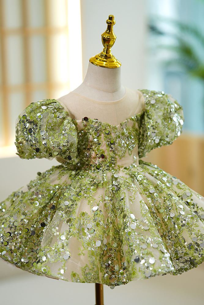 Prinzessin Wadenlang Pailletten Blumenmädchenkleider Grün