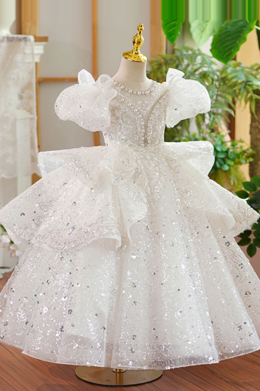 Prinzessin Bodenlang Pailletten Blumenmädchenkleider in Weiß