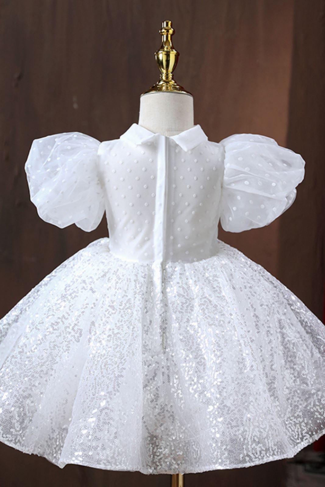 Prinzessin Kragenhals Wadenlang Pailletten Blumenmädchenkleider Weiß