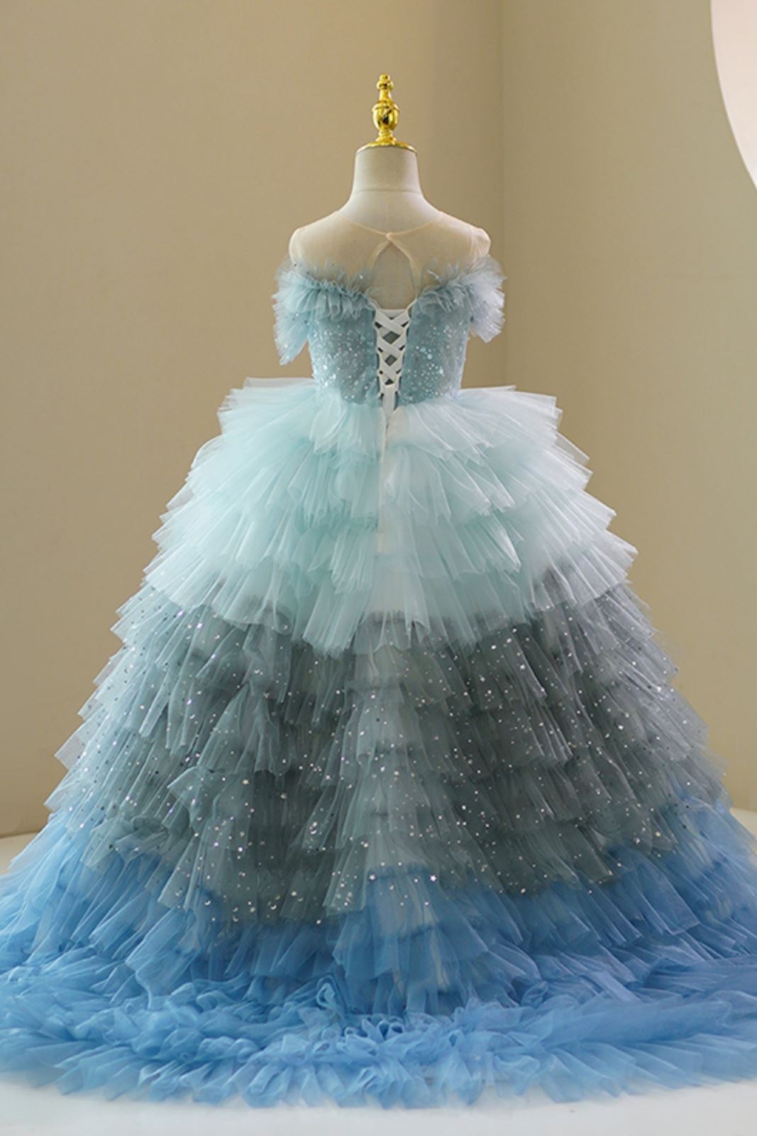 Prinzessin Bodenlang Tüll Blumenmädchenkleider in Staubigblau