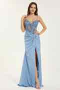 Beaded & Sequin Corset Satin Gown with Open Back