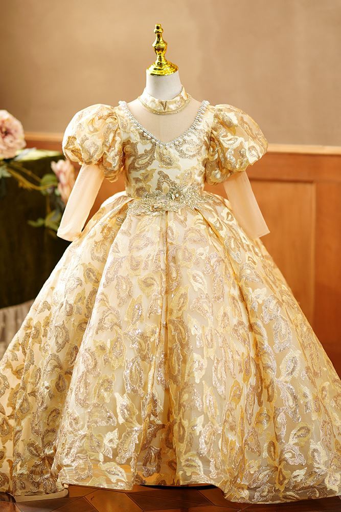Princesse Longueur au Sol Dentelle robes de demoiselle d'honneur - fillette in Doré
