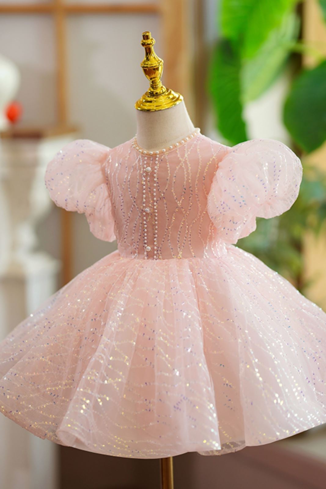 Prinzessin Wadenlang Pailletten Blumenmädchenkleider in Rosa