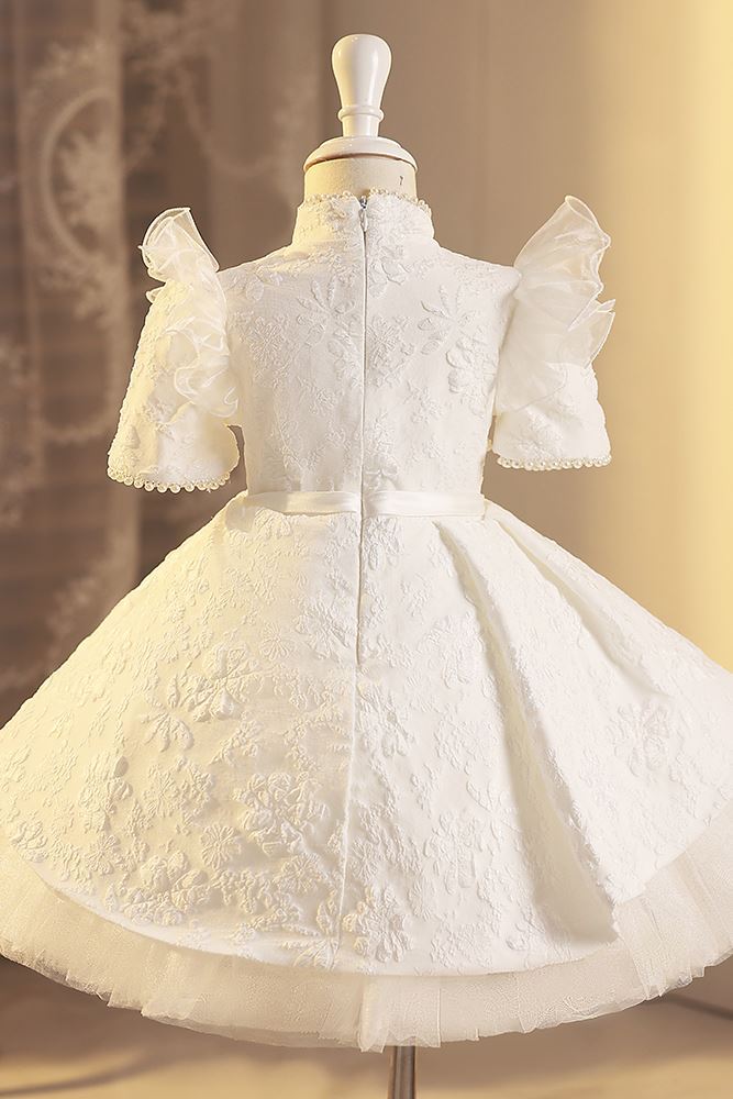 Prinzessin Stehkragen Wadenlang Satin Blumenmädchenkleider in Weiß