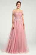 Open Back Glitter Tulle Off-the-Shoulder Ball Gown with Beaded Lace