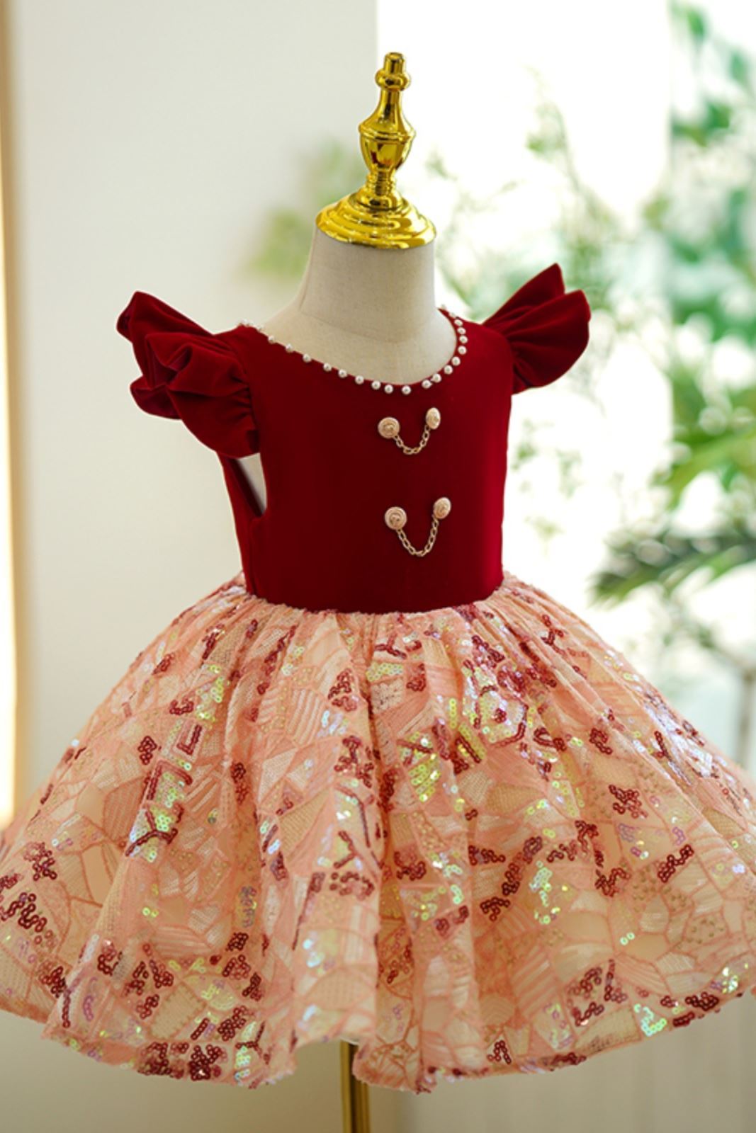 Prinzessin Wadenlang Pailletten Blumenmädchenkleider in Burgundrot