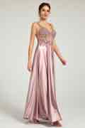 V-Neck Beaded Floral Bustier Lace-Up Satin Maxi Formal Dress