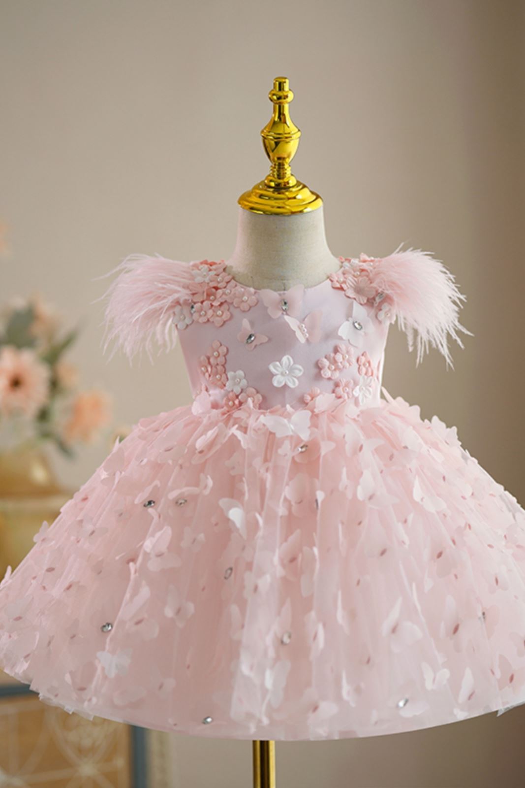 Prinzessin Runden Wadenlang Tüll Blumenmädchenkleider in Rosa