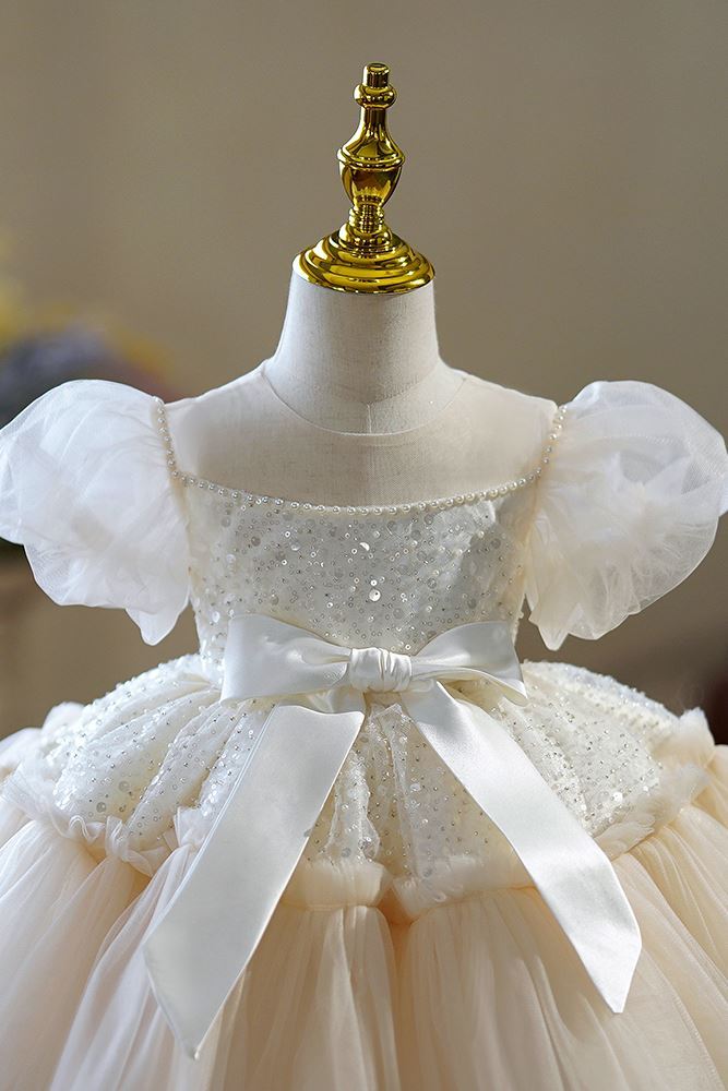 Prinzessin Wadenlang Tüll Blumenmädchenkleider Champagner