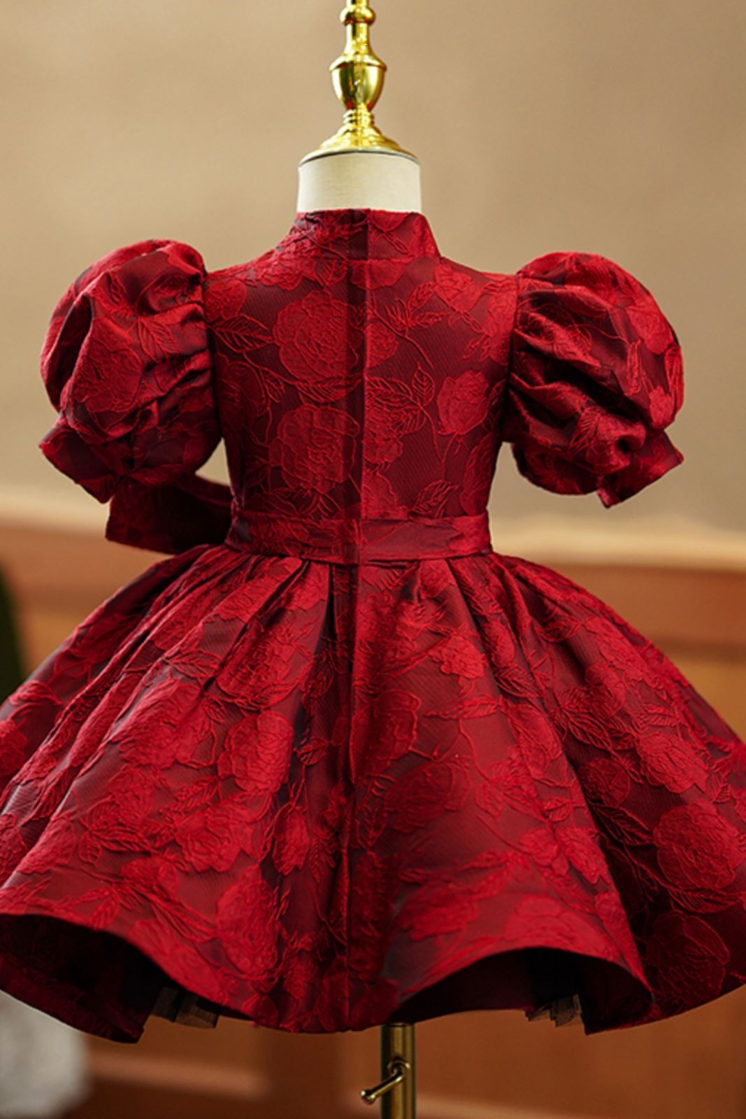 Princess Mock Neck Tea Length Satin Flower Girl Dress Burgundy