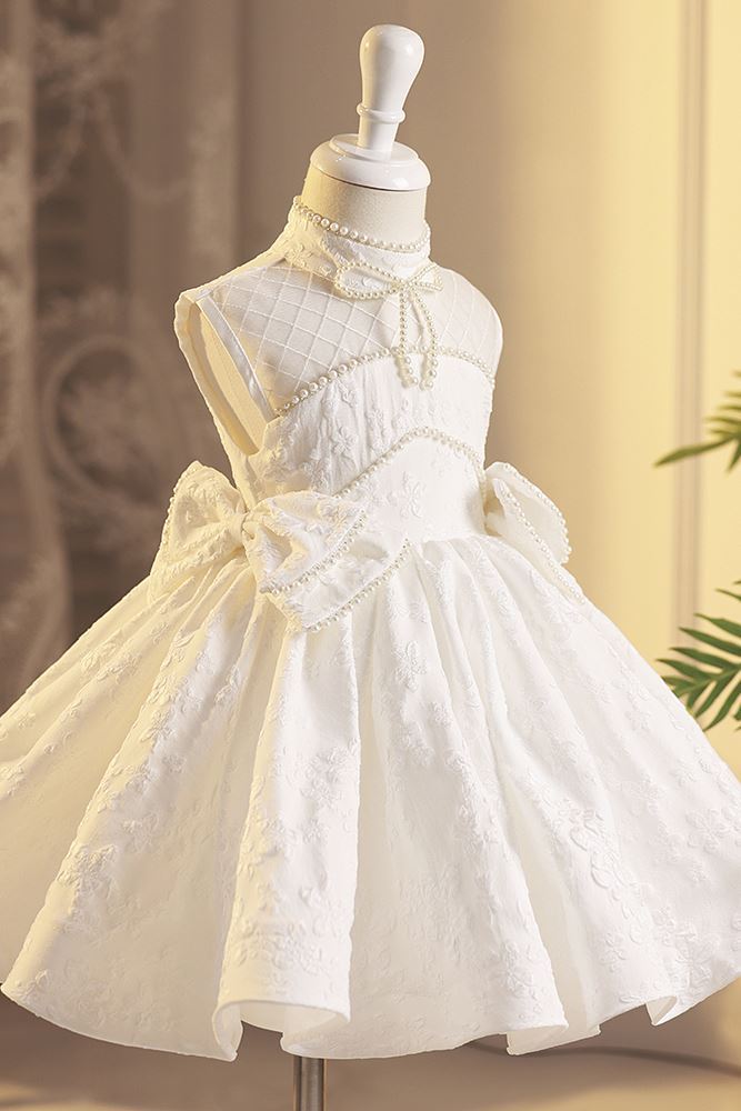 Prinzessin Juwelenhals Wadenlang Satin Blumenmädchenkleider in Weiß