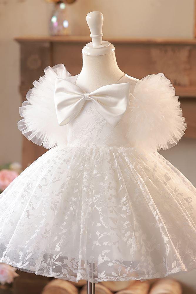 Prinzessin Scoop Wadenlang Spitze Blumenmädchenkleider in Weiß