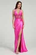 Robe de Soirée Sirène à Fente Ornée de Strass à Dos Nu