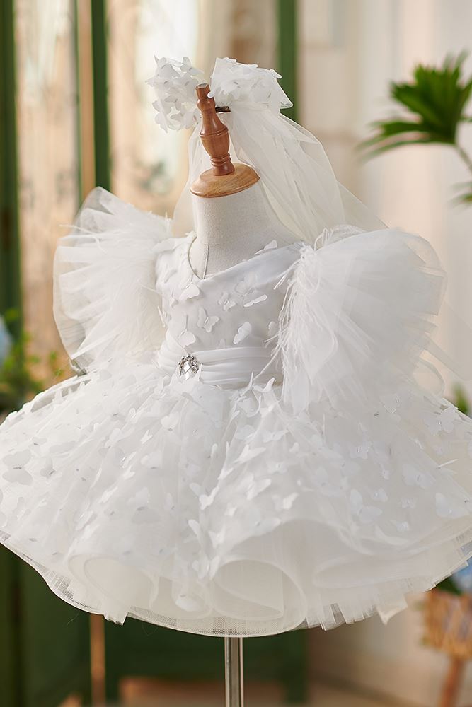 Prinzessin Scoop Wadenlang Spitze Blumenmädchenkleider in Weiß