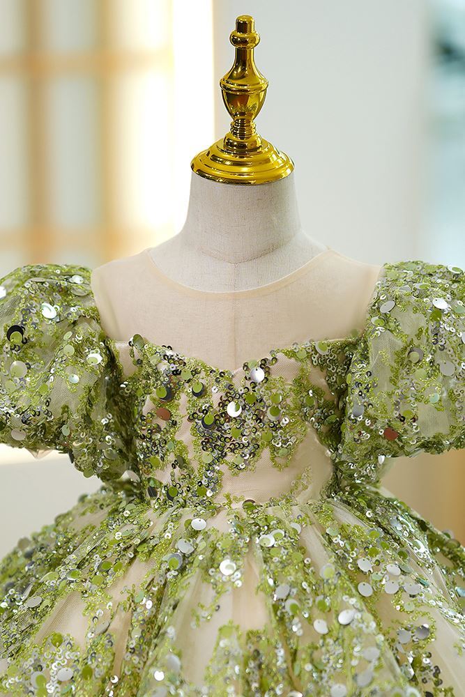 Prinzessin Wadenlang Pailletten Blumenmädchenkleider Grün